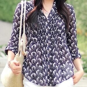 Anthropologie Maeve 2P Purple Monkey Print Roll Tab Sleeve Peplum Tunic Top Boho